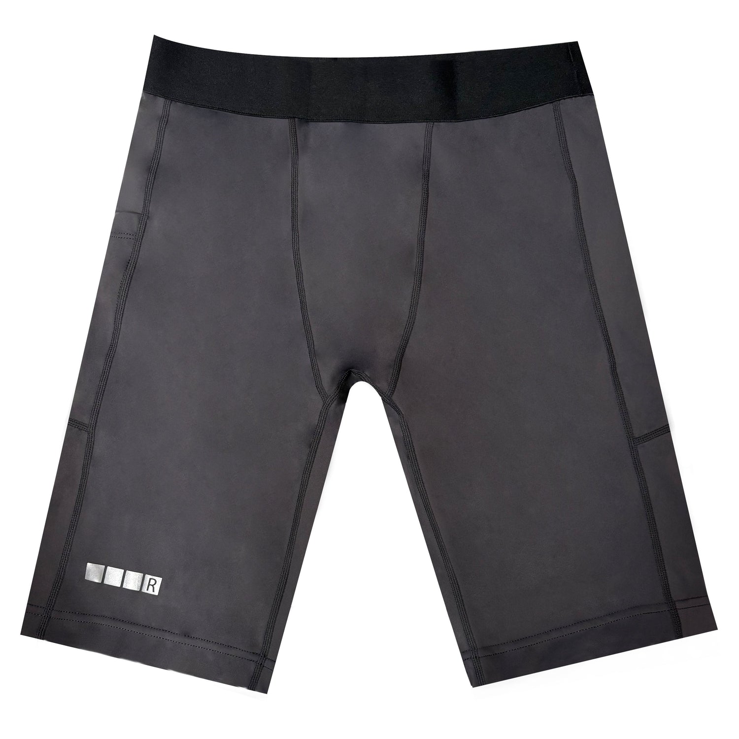 Black athletic shorts with mesh panels on a white background