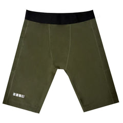 Green athletic shorts with black waistband on a white background