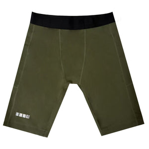 Green athletic shorts with black waistband on a white background