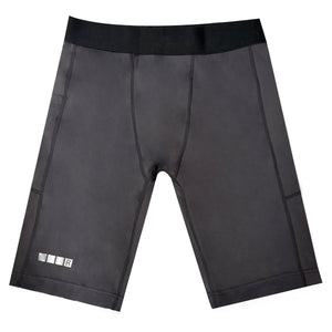 Black athletic shorts with mesh panels on a white background