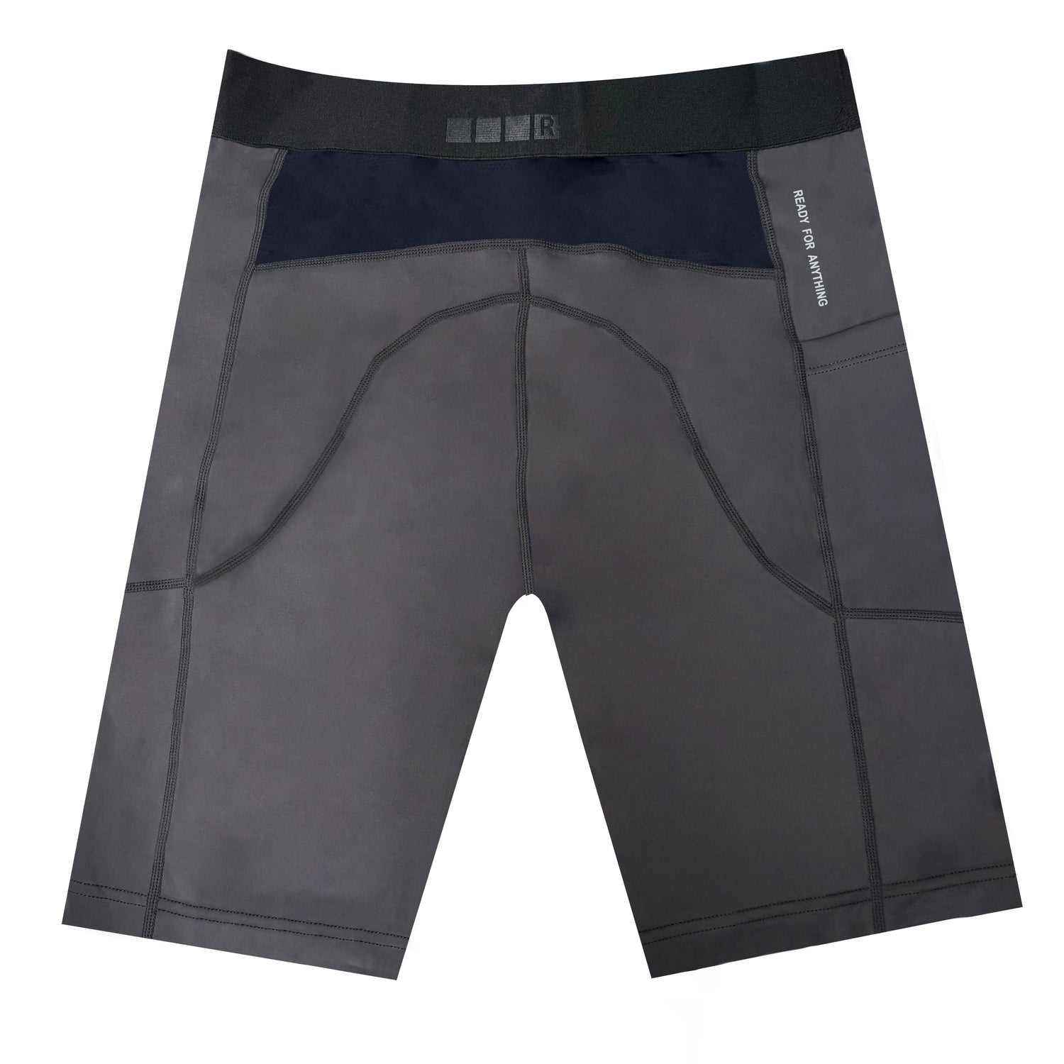 Gray athletic shorts with black waistband on a white background