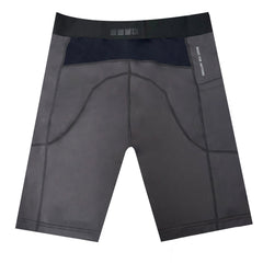 Gray athletic shorts with black waistband on a white background